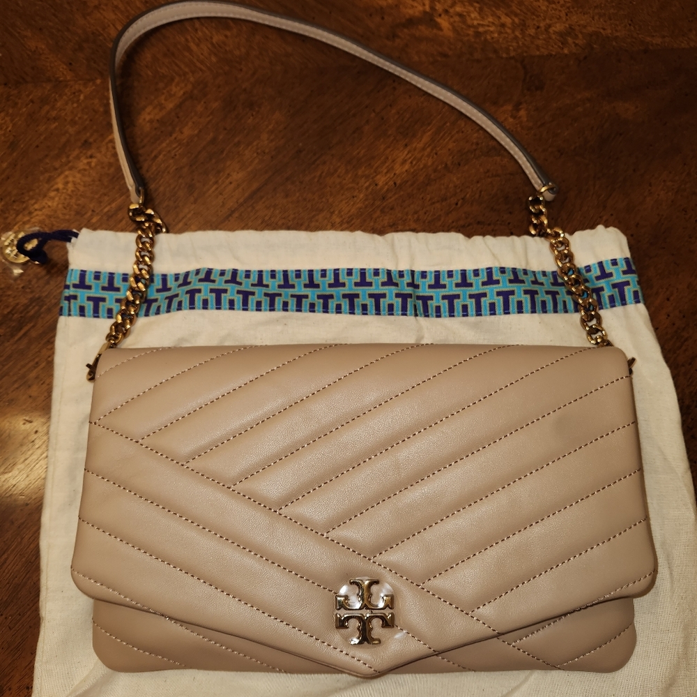 Tory Burch Kira Beige Quilted Leather Shoulder Bag